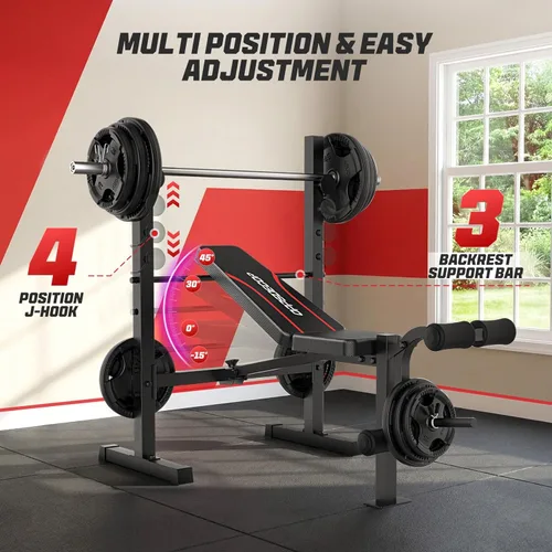Miniatura 3 de OPPSDECOR Juego de banco de pesas, banco ajustable multifunción para press de banca con rack para sentadillas, extensión de piernas y curl