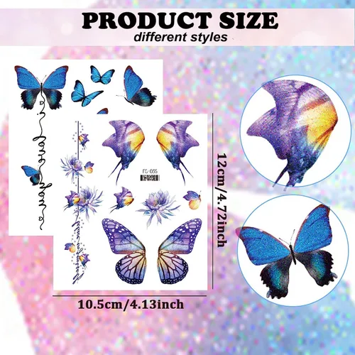 Miniatura 5 de Konsait 12 hojas de tatuajes temporales de mariposa con purpurina para mujeres y niñas, tatuajes faciales de mariposa para mujeres, calcomanías