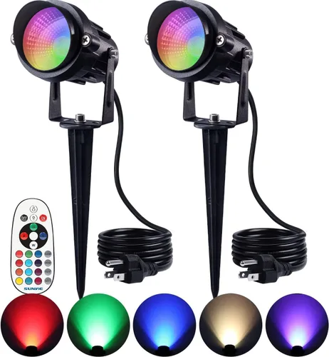 SUNVIE Paquete de 2 focos RGBW para exteriores de 12 W LED que cambian de color con control remoto 120 V RGB iluminación de paisaje luces