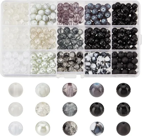 PH PandaHall 450 cuentas de cristal de mármol de 0.315 pulgadas – 15 colores negro y blanco cuentas sueltas de acrílico opaco, espaciadores para la