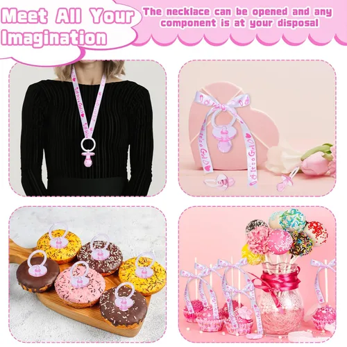 Miniatura 5 de 72 bonitos collares de chupete para baby shower, recuerdos de fiesta de niñas y niños, revelación de género, juego de collar de baby shower (rosa)