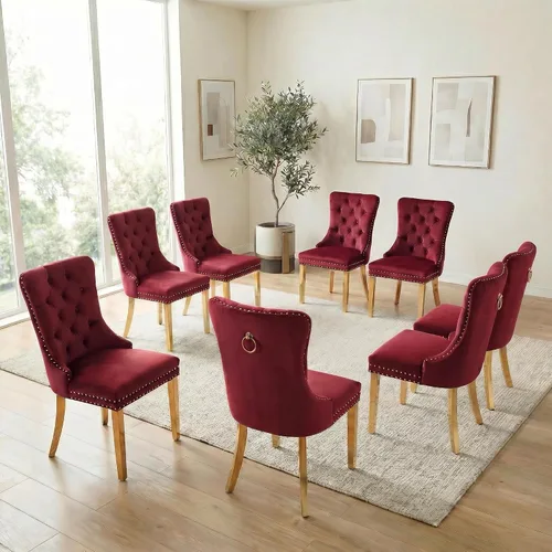 Miniatura 9 de Juego de 6 sillas de comedor de terciopelo, sillas tapizadas con respaldo alto capitoné con ribete de cabeza de clavo y anillo de tracción, patas