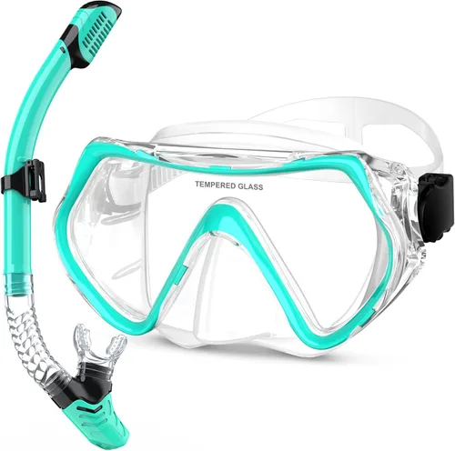 Dry Snorkel Set,Panoramic Wide View Anti-Fog Scuba Diving Mask,Professional Snorkeling Gear for Adults Transparente Verde