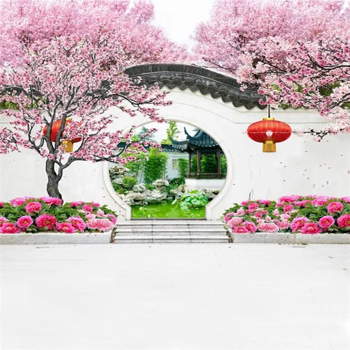 Miniatura 7 de AOFOTO Telón de fondo de flores de cerezo de 3 x 5 pies, farol rojo para sesión de fotos, jardín chino, patio, arco, puerta de arco, tema