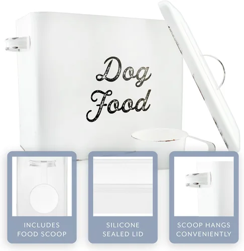 Miniatura 3 de AuldHome - Recipiente rústico de comida para perros; contenedor de almacenamiento blanco estilo granja para perros pequeños
