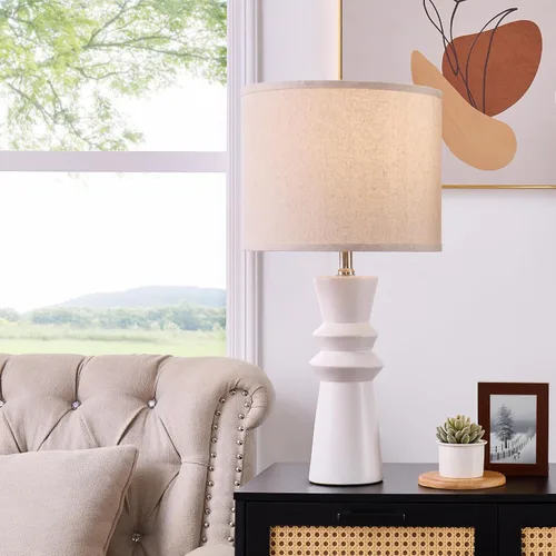Miniatura 2 de Juego de 2 lámparas de mesa minimalistas de cerámica blanca de 24.75 pulgadas, lámpara de mesa auxiliar moderna Neutral White Lamps Set of 2, For