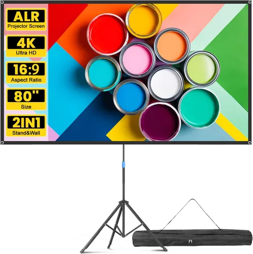 Pantalla de proyector con soporte, pantalla de proyector portátil de 80 pulgadas para exteriores e interiores, pantalla de proyección ALR de 1.5
