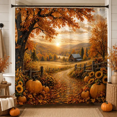 Miniatura 3 de Autumn Pumpkin Shower Curtain, Fall Farmhouse Bathroom Curtain, Thanksgiving Harvest Sunflower Maple Leaves Country Road Waterproof Polyester Fabric