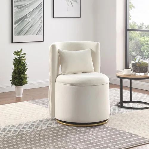 Silla giratoria con almacenamiento para sala de estar, silla redonda de terciopelo con respaldo de botón copetudo, almohada incluida (beige)
