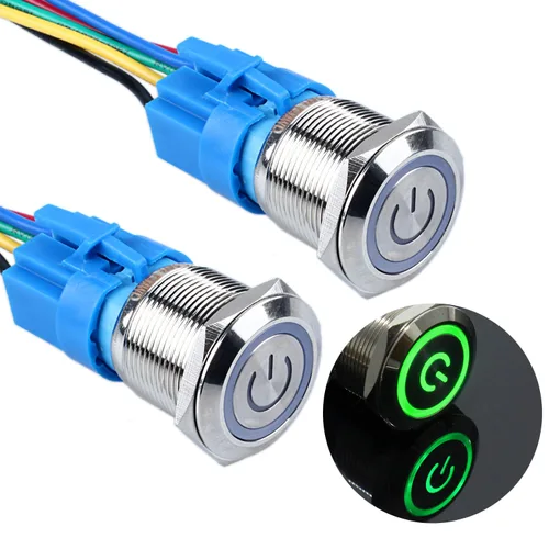 Miniatura 13 de 2 piezas de interruptor de botón de metal de cierre de 16 mm, 12V-24V, encendido/apagado, 1NO 1NC, impermeable, autoblocante, carcasa plateada