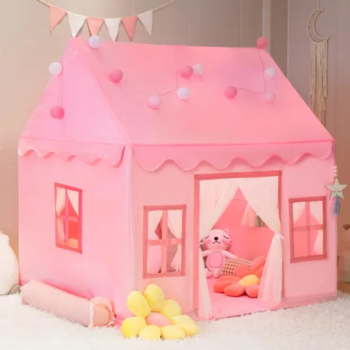 Miniatura 8 de Tienda de campaña grande para niños con luces de estrellas, banderas y bolsas de mano, tienda de campaña para niños en interiores y exteriores, Crema