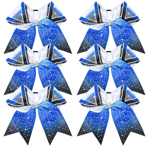 Miniatura 9 de DEEKA 6 lazos grandes de animadora con purpurina de 8 pulgadas con diamantes de imitación completos, lazos para el pelo de animadora coloridos Plata