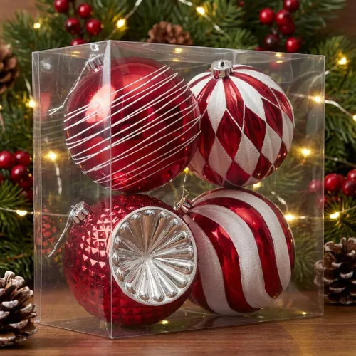Valery Madelyn Juego de adornos de árbol de Navidad extra grandes de 5.9 pulgadas, 4 unidades, color rojo y blanco, inastillables, adornos colgantes