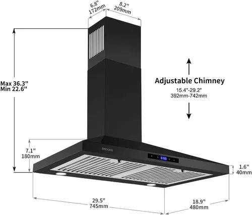 Miniatura 6 de SNDOAS Campana extractora negra de 30 pulgadas, campana de cocina de acero inoxidable montada en la pared con controles táctiles, convertible