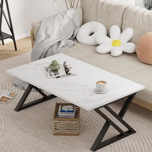 Miniatura 4 de Wolawu Mesa de Café Blanca para Sala de Estar, Mesa Central, Mesa de Té Rectangular Moderna y Simple de Falso Mármol con Estructura de Metal Negro