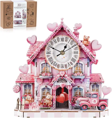 Miniatura 16 de Rompecabezas 3D para adultos, kit de reloj de madera de casa de Navidad con péndulo, manualidades de madera para decoración del hogar, rompecabezas