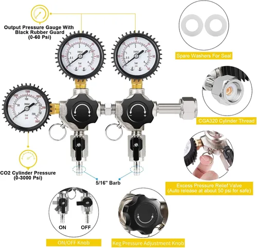 Miniatura 2 de Regulador de CO2 para dispensador de torre de cerveza de barril doble Kegerator, regulador de barril dual Regulador de presión de cerveza de CO2