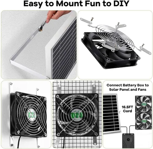 Miniatura 5 de Ventilador solar con batería, ventilador solar recargable para gallinero, invernadero, cobertizo, exterior con dos ventiladores de entrada de escape