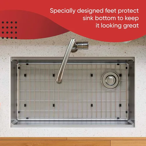 Miniatura 6 de Rejilla protectora para fregadero de cocina de 28 x 14 pulgadas, estante inferior de fregadero de acero inoxidable con drenaje trasero derecho