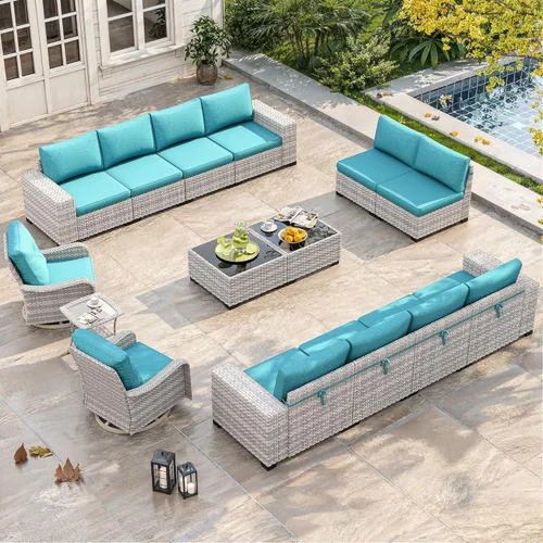 Miniatura 28 de Juego de muebles de mimbre para patio al aire libre de 3 piezas, sillas de patio giratorias mecedoras con respaldo alto con cojines gruesos de 4
