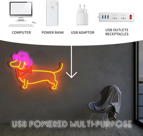Miniatura 6 de Letrero de Neón de Dachshund para Decoración de Pared, Letrero de Perro de Neón, Lindo Cachorro con Sombrero de Vaquero, Letrero de Luz LED