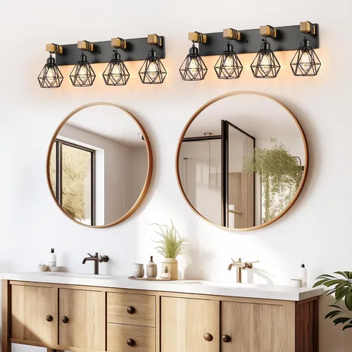Miniatura 5 de Lámparas blancas para tocador de baño, luminarias de baño de madera de 2 luces sobre el espejo, apliques rústicos de pared con elegante pantalla