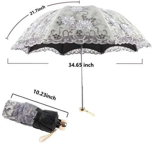 Miniatura 74 de Honeystore Sombrilla bordada con flor 3D plegable UV con encaje clásico