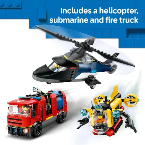 Miniatura 3 de LEGO City Helicopter, camión de bomberos y submarino Remix juguete para niños, 3 juguetes de construcción en 1 para niños y niñas, a partir de 7