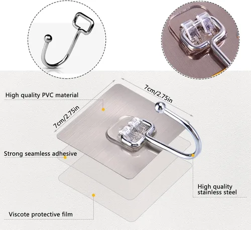 Miniatura 2 de Paquete de 10 ganchos de pared adhesivos resistentes, resistentes y transparentes, soportan hasta 22 libras, impermeables y reutilizables, ideales