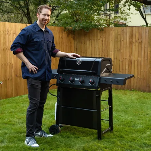 Miniatura 9 de Feasto Parrilla de barbacoa de gas de 4 quemadores con mesas laterales, parrilla de propano para exteriores de 36,000 BTU con cuerpo de cámara