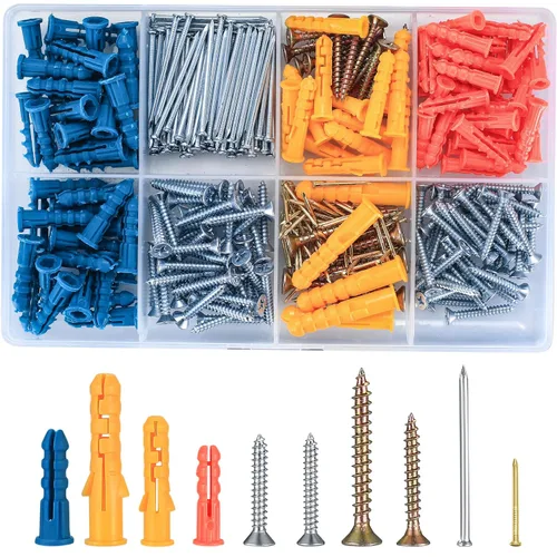 Juego de 360 tapones y tornillos de pared, kit surtido de tornillos y clavos para paneles de yeso, tornillos autorroscantes de cabeza plana, tapones