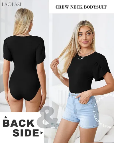 Miniatura 2 de LAOLASI Body de manga corta con pétalos para mujer, cuello redondo, ajustado, informal, elástico, para mujer