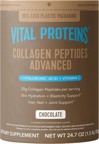Vital Proteins Péptidos de colágeno avanzados, péptidos hidrolizados con ácido hialurónico y vitamina C - Polvo sabor chocolate, 24.7 onzas