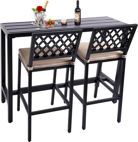 Sillas y mesa de bar para exteriores, juego de bar de metal para exteriores, juego de mesa de bar de 3 piezas con taburetes de bar y cojines para