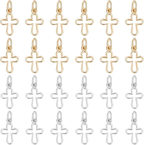Miniatura 7 de Beebeecraft 1 caja de 30 dijes de cruz chapados en oro de 18 quilates con anillo de salto para hacer joyas, collares, pulseras, manualidades