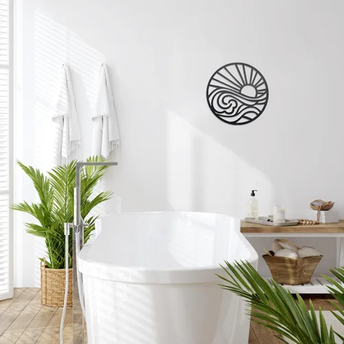 Miniatura 7 de Urbraneco Adorno de pared de metal con diseño de sol y ondas, diseño minimalista de línea de amanecer, letrero redondo para sala de estar, cocina