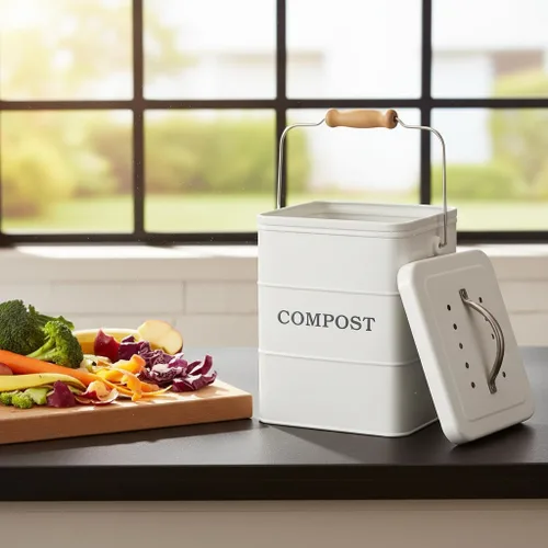 Miniatura 2 de Cubo de compostaje para encimera de cocina, cubo de compostaje para interiores, ideal para restos de comida, acero al carbono, asas, negro, 1 galón