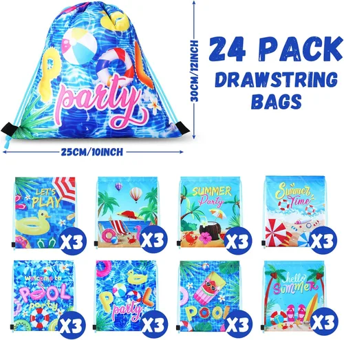 Miniatura 2 de Hosuly 24 bolsas de verano para fiesta en la piscina, bolsas con cordón, mochilas hawaianas, decoración de fiesta de piscina, bolsas de regalo