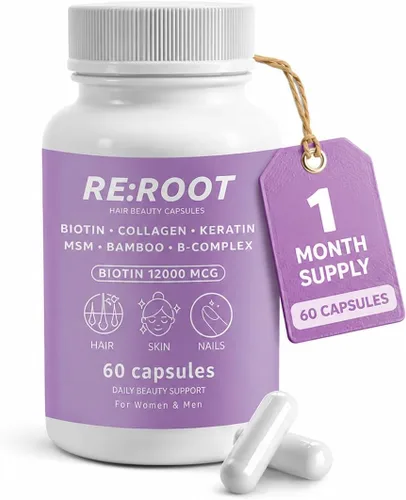 RE:ROOT Cápsulas de belleza capilar – Biotina 12,000 mcg, colágeno, queratina, MSM, bambú – para cabello, piel y uñas – 60 cápsulas veganas