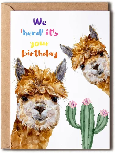 OystersPearl Tarjeta de cumpleaños de alpaca - We Herd It's Your Birthday - Fawn Cria Happy Birthday - Tarjeta de alpaca y cactus - Tarjeta de cactus