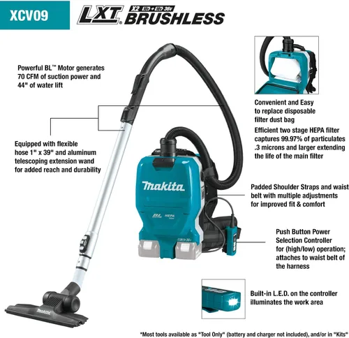 Miniatura 2 de Makita XCV09PT 18V X2 LXT Litio-Ion (36V) Sin Escobillas Inalámbrica 1/2 Galón HEPA Filtro Mochila Kit de Aspiradora Seca (5.0Ah)