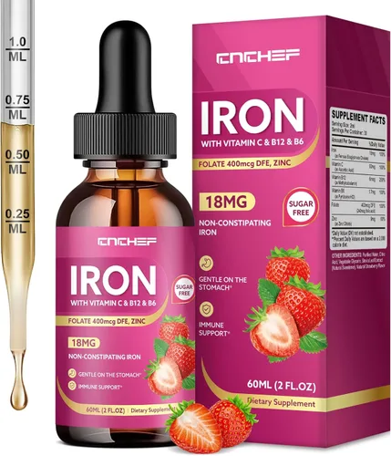 Liquid Iron Supplement for Women, Men & Kids 18mg with Vitamin C, B12, B6, Folate & Zinc | High Absorption Ferrous Bisglycinate Chelate, Natural