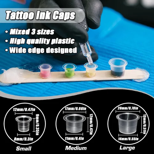 Miniatura 3 de Kit de tapas y soportes de tinta de tatuaje, 300 vasos de tinta desechables (S/M/L) + 2 soportes negros, diseño apilable para tatuadores