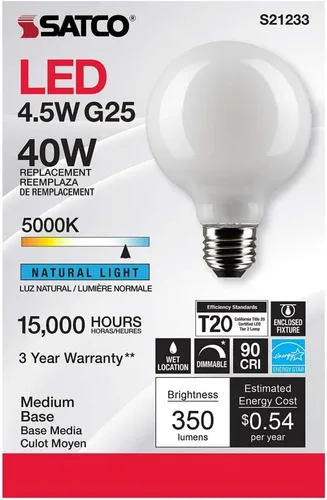 Miniatura 4 de Satco S21233 - Bombillas LED G25 de 4.5 W en acabado blanco brillante, luz blanca diurna de 5000 K, 350 lúmenes, 90+ CRI, 120 V, regulable