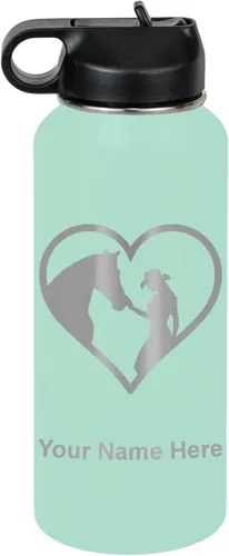 Miniatura 66 de LaserGram Botella de agua personalizada, corazón de vaquera de caballo, acero inoxidable de doble pared aislada al vacío con popote superior, regalo