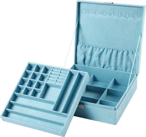 Miniatura 7 de Joyero de dos capas con tela con pelusas, organizador, caja exhibidora para almacenamiento con cerradura