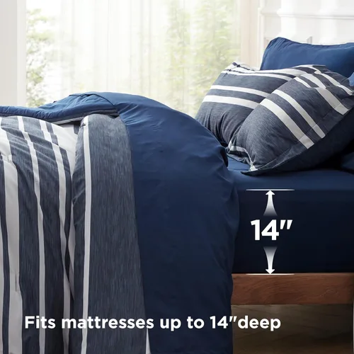 Miniatura 5 de Bedsure Juego de ropa de cama con edredón tamaño individual de 5 piezas, juego de ropa de cama a rayas azules para todas las estaciones, reversible