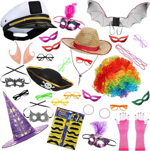 Landhoow Juego de 33 piezas de accesorios para cabina de fotos divertidas, accesorios para cabina de fotos, accesorios de disfraces, sombrero de