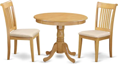 East West Furniture ANPO3-OAK-C Juego de mesa y sillas de cocina de 3 piezas contiene una mesa de comedor redonda con pedestal y 2 sillas tapizadas