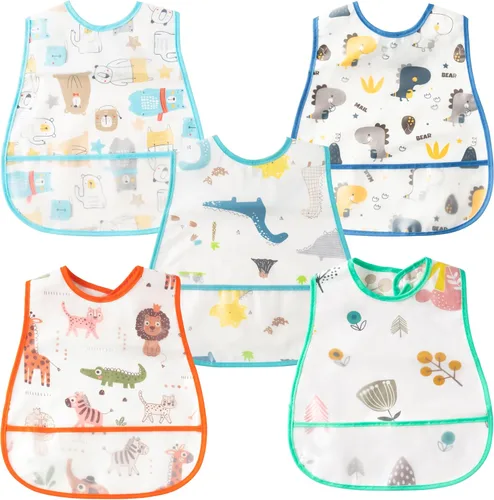 Miniatura 11 de R HORSE Juego de 5 baberos para bebés con bolsillo para atrapar migas y botón a presión, baberos impermeables para bebés de 6 a 24 meses Animal